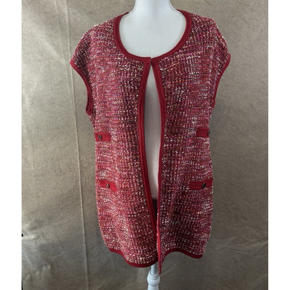 Carlisle Sweaters - Carlisle Sleeveless Cardigan Womens Sz L Red Fleck‎ Open Loop Mid Length Classy